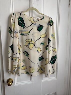 Diane Von Furstenberg Cream Floral Long-Sleeve Silk Blouse